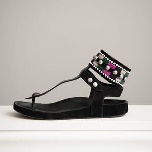 Isabel Marant Black Suede Sandals Ankle Cuff Embroidered Studded Aztec Boho Sz 8
